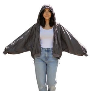 FP Movement Jacket Womens Large Gray Hooded Cropped Oversized Windbreaker